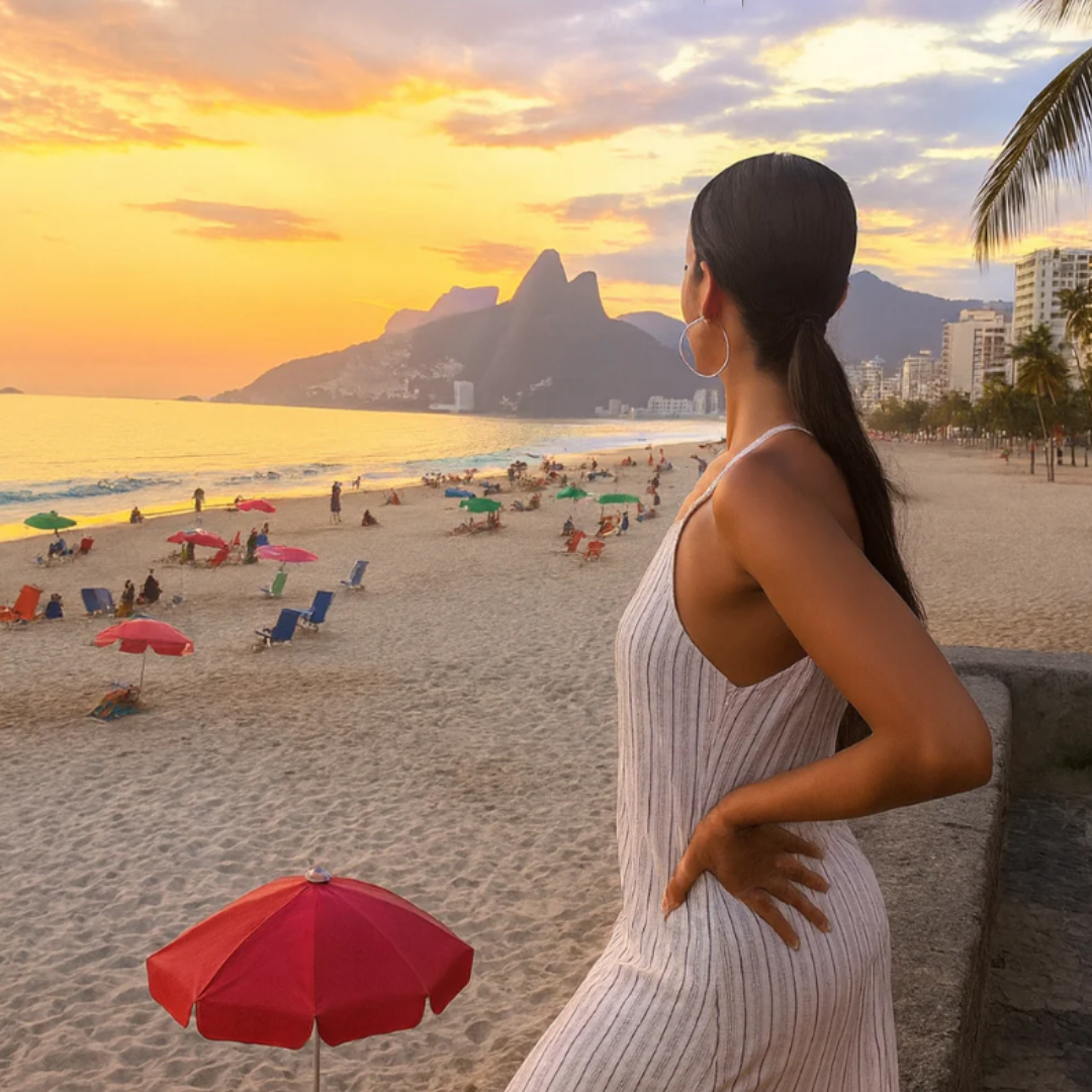 woman on beach with colorful beach umbrellas